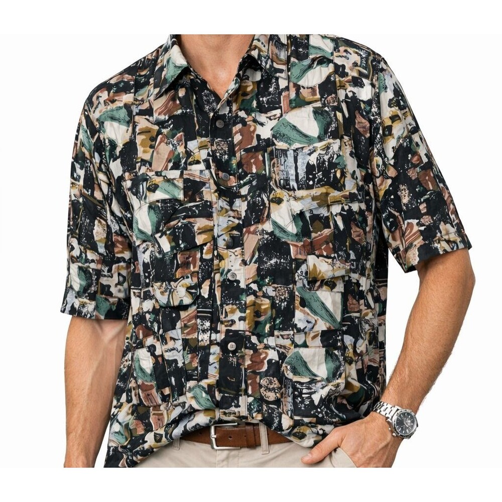 Compass 100% Silk Shirt Mens Medium Abstract Print Hawaiian Camp Shirt